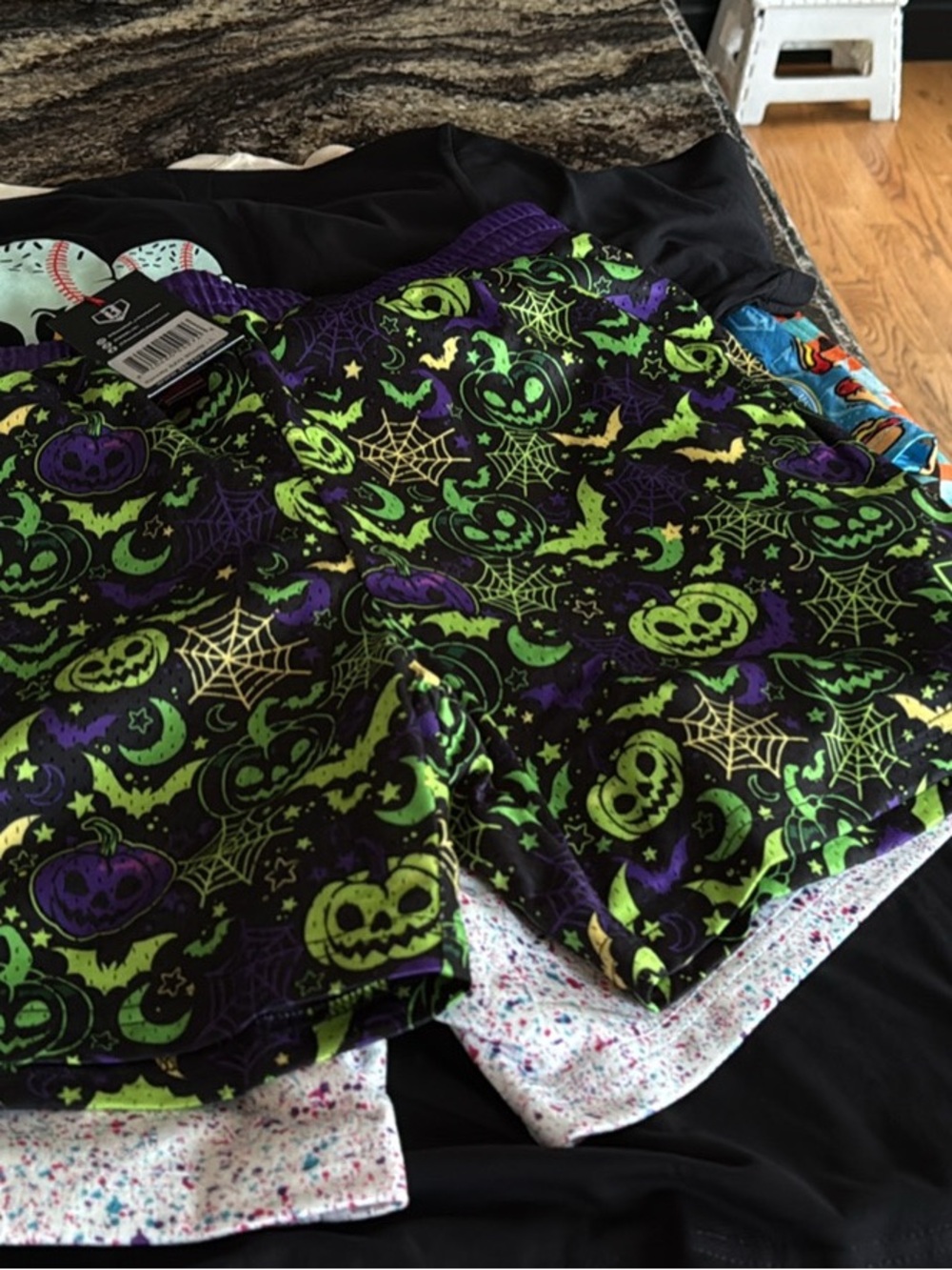 Men's Athletic Halloween Print Shorts - Black with Green & Purple